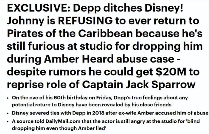 外媒报道约翰尼·德普拒接迪士尼参演加勒比海盗